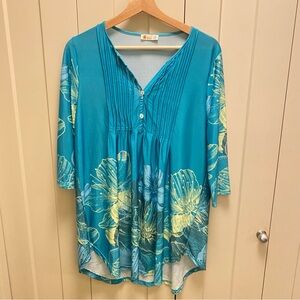 Vibrant Teal Floral Women's Tunic Style Top-3/4 Sleeves-size XL